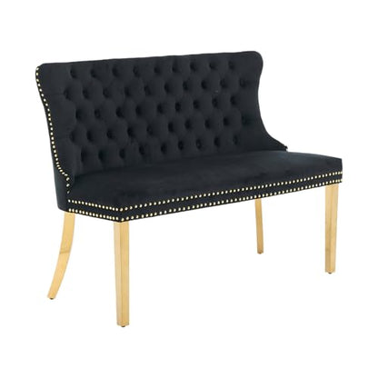 Black Velvet Dining Bench with Back, Tufted Banquette Seating, Gold Legs | Upholstered loveseat bench; tufted back; nailhead trim; 500 lb capacity; foam and spring seat; dining room or entryway - color: Black(gold Stainless Steel Legs)