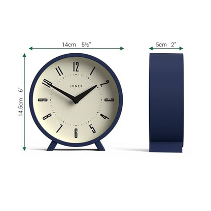 JONES CLOCKS® Venus Desk Clock | Modern Round Design | Blue | Stylish Retro Look for Shelf, Table, Mantel or Bedside - color: Indigo Blue