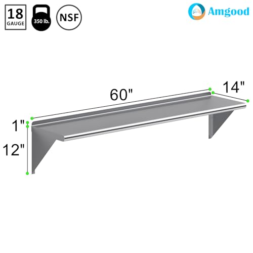 AmGood 60" Long X 14" Deep Stainless Steel Wall Shelf | NSF Certified | Appliance & Equipment Metal Shelving | Kitchen, Restaurant, Garage, Laundry, Utility Room - size: 60" Long X 14" Deep