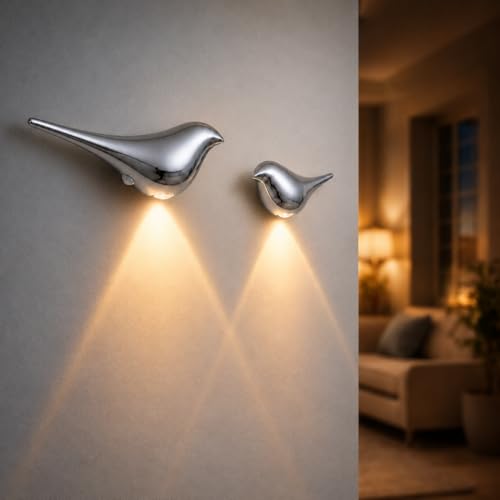 2-Pack Silver Bird Wall Light, Cordless Motion Sensor Night Light | Rechargeable magnetic bird sconce with soft 3-color glow for hallway, bedroom, stairs and nursery - color: Silver