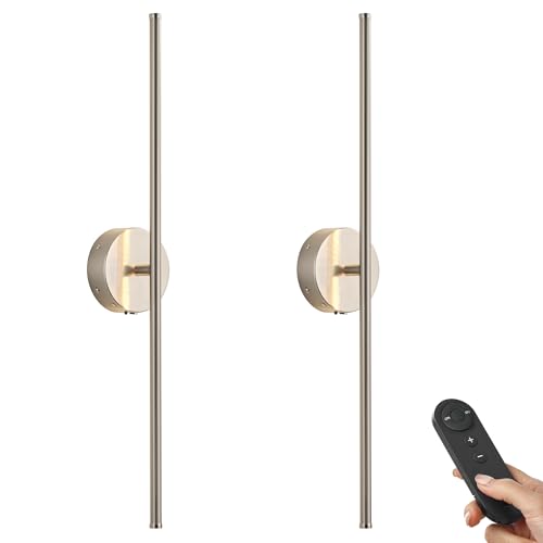 KARTOOSH Battery Operated Wall Sconces Set of Two Wireless Wall Lights | Rechargeable Wall Sconce with Remote 350°Rotate Dimmable 3000K LED Wall Lamp for Living Room, Bedroom - color: Nickel, size: 24.4 Inches