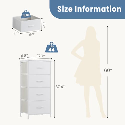 DUMOS Nightstand, Bedside Table with 4 Fabric Drawers | Night Stand with Removable Bins, Steel Frame Wood Top, Small Dresser for Bedroom Closet - color: White, size: 11.8"D x 17.7"W x 37.4"H (4 Drawers)