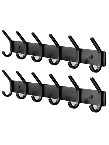Coat Rack Wall Mount Hooks - 15 Inch Black Metal 6-Hook Rack(2 Pack) | Modern Kids Room, Entryway & Bathroom Hanger for Towels, Coats, Purses, Bags - color: Black, size: 2 Pack