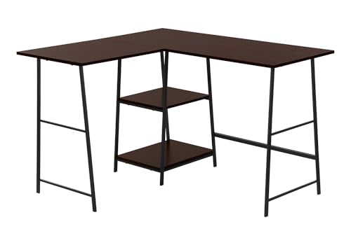 Computer Desk L-Shaped Corner Desk 48" 3-Tier Writing Desk with Storage Shelves, Espresso Laminate Top, Black Metal Sawhorse Legs, Space-Saving Home Office Laptop Workstation