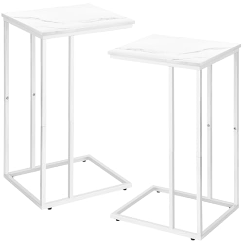 Possile C Shaped End Table Set of 2 for Sofa and Bed, Slide Under Couch Tables, Side Table With Faux Marble Top, Small Under Table Tray for Living Room, Bedroom, White - color: White