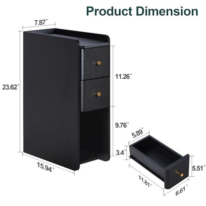 Narrow Nightstand Set of 2, Wooden Small 2 Drawer Nightstand, Slim Side End Table, Skinny Bedside Table, Mid Century Modern Night Stand with Drawers for Bedroom (Black-1 pc) - color: Black-1 Pc