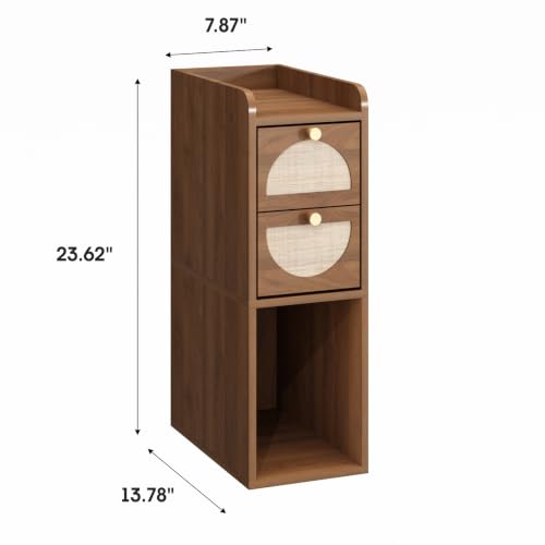 Narrow Nightstand (Rattan & Wood) - Small Bedside Table with 2 Drawers, Open Shelf, Mid Century Modern End Table - for Bedroom, Living Room & Small Spaces, Walnut - color: Walnut, size: 7.9"W (1 Pc)