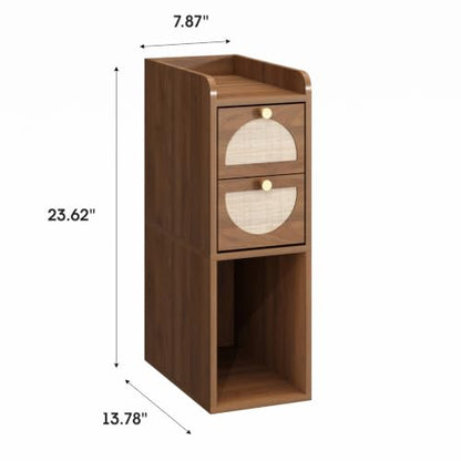 Narrow Nightstand (Rattan & Wood) - Small Bedside Table with 2 Drawers, Open Shelf, Mid Century Modern End Table - for Bedroom, Living Room & Small Spaces, Walnut - color: Walnut, size: 7.9"W (1 Pc)