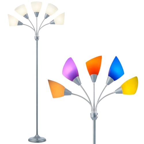 Medusa Floor Lamp, Multi Head 5 Light Floor Lamps for Living Room with 10 Lampshade, Adjustable Neck Reading Standing Lamp for Bedroom,Office,Kids,Classroom (Sliver) - color: Silvery