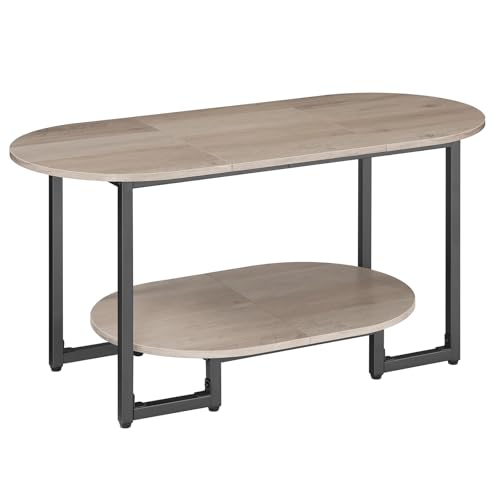 HOOBRO Coffee Table for Living Room, Oval Small Coffee Table with 2-Tier Open Storage Shelf, Industrial Cocktail Tea Table, Wooden Desktop Center Table, Farmhouse, Home Office, Greige BG09KF01 - color: Greige
