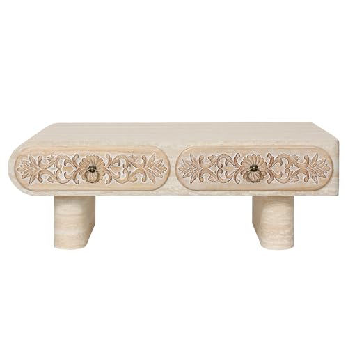 39.4" Rounded Edge Coffee Table with Flower Pattern Solid Wood Drawer for Living Room, Rectangular MDF Wooden Center Table Tea Table for Apartment, Beige - color: 39.4" Rounded Edge Coffee Table With Flower Pattern,beige