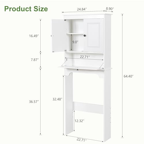 Over The Toilet Storage Cabinet, White | Over Toilet Bathroom Organizer, Freestanding Bathroom Cabinet Over Toilet with Double Doors and Adjustable Shelf