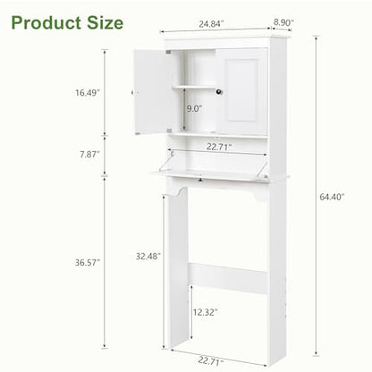 Over The Toilet Storage Cabinet, White | Over Toilet Bathroom Organizer, Freestanding Bathroom Cabinet Over Toilet with Double Doors and Adjustable Shelf
