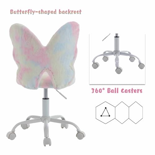 chairus Kids Desk Chair Butterfly Faux Fur Study Chair for Teenage Girls Adjustable Kids Vanity Chair for Bedroom Reading Living Room, Small Cute Student Task Chair with White Foot, Macaron - color: Butterfly, Macaron