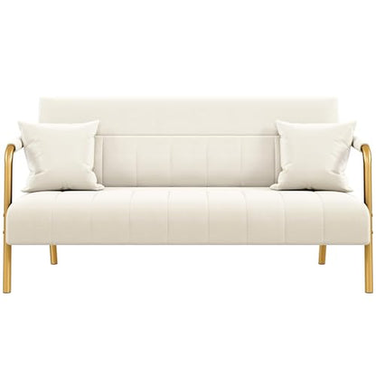 Yaheetech 56.5" Smal Sofa 2 Seater Couch with Gold-Tone Legs, Beige | Small Sofa Loveseat Velve 2 Seater Couch with Tufted Back Gold Metal Frame 2 Pillows for Office, Studio,Living Room - color: Beige, size: 56.5" W