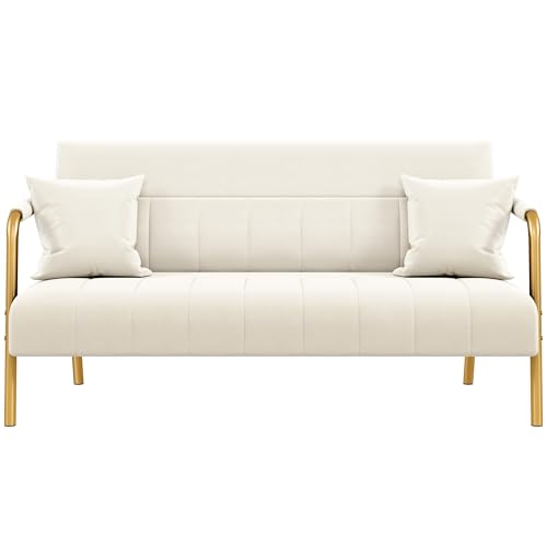 Yaheetech 56.5" Smal Sofa 2 Seater Couch with Gold-Tone Legs, Beige | Small Sofa Loveseat Velve 2 Seater Couch with Tufted Back Gold Metal Frame 2 Pillows for Office, Studio,Living Room - color: Beige, size: 56.5" W