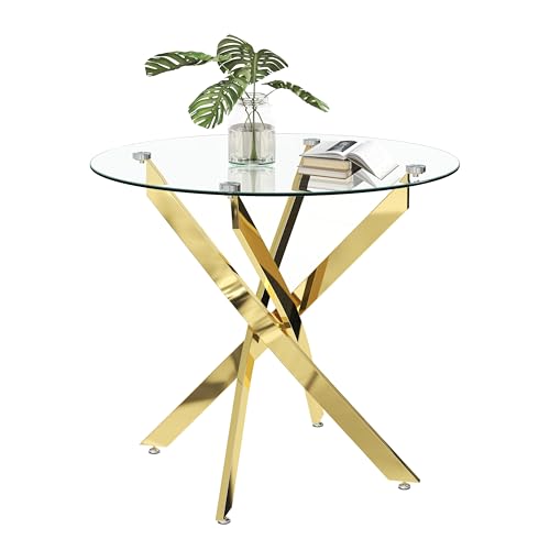 Round Tempered Glass Dining Table for 2-4 with Chromed Legs, 35.5 Inch Modern Small Kitchen Table Dining Room Table for Kitchen Dining Room (Gold) - color: Chrome Gold, size: 35.5" x 35.5" x 29.5"