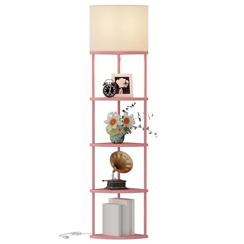 Qupui Floor Lamp with Shelves, 61.5" 5-Tier, 3-Color LED, Pink | Fabric Shade With Soft Cozy Light. 3 Color Temperatures 12W LED. 5 Tiers, 22 Lbs Each. Durable Composite Panels, Metal Frame - color: 5-Tier Pink