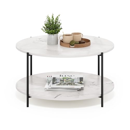 Furinno BESI 2-Tier Round Modern Coffee Table with Metal Legs, Side Table with Open Shelf, for Living Room, Bedroom, Home Office, Marble White - color: Marble White/Black, size: Metal Frame Coffee Table