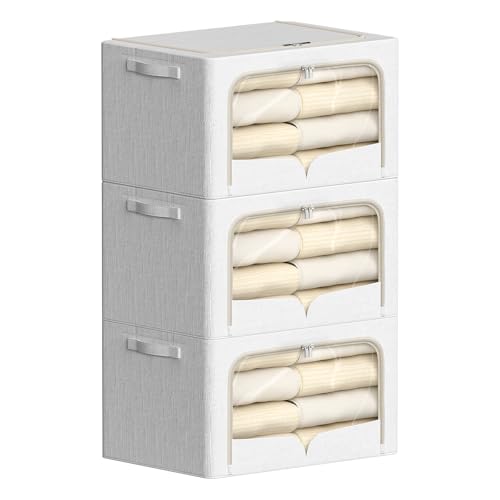 FHSQX 3 Pack Clothes Storage Bins Foldable Metal Frame Storage Box Stackable Linen Fabric Container Organizer Set with Carrying Handles and Clear Window (Cream White, 15.7x11.8x7.8inch(22L)) - color: Cream White, size: 15.7x11.8x7.8inch(22L)