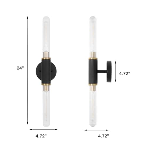 Modern Wall Sconces 24" Knurled Texture Cylinder Bathroom Vanity Lights Fixtures with Clear Striped Glass Shade 2-Lights Brushed Brass Gold Black Indoor Wall Lighting for Bedroom Hallway - color: Gold Black Knurled Texture/Clear
