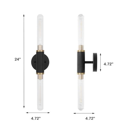Modern Wall Sconces 24" Knurled Texture Cylinder Bathroom Vanity Lights Fixtures with Clear Striped Glass Shade 2-Lights Brushed Brass Gold Black Indoor Wall Lighting for Bedroom Hallway - color: Gold Black Knurled Texture/Clear