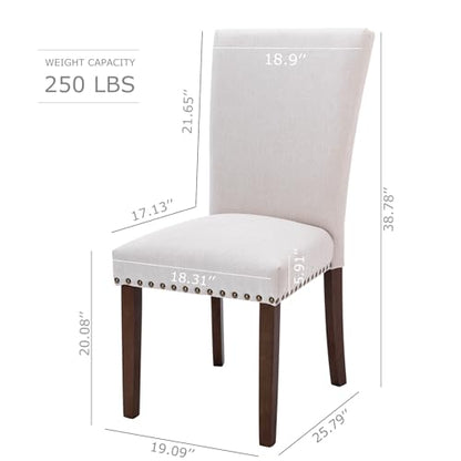 COLAMY Upholstered Dining Chairs Set of 2, Parsons Style Side Chairs with Nailhead Trim and Solid Wood Legs, Comfortable Linen Fabric for Kitchen & Dining Room – Beige - size: set of 2