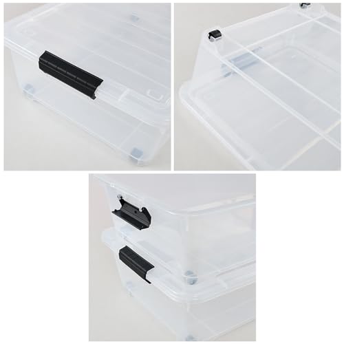 25 L Clear Plastic Flat Storage Bins Under Bed with Lids, 4 Pack | Latch Bin, With Wheels