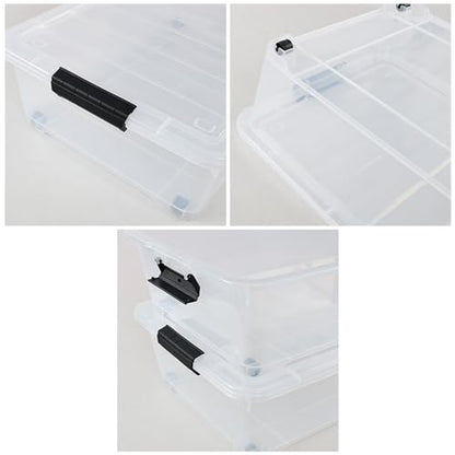 25 L Clear Plastic Flat Storage Bins Under Bed with Lids, 4 Pack | Latch Bin, With Wheels