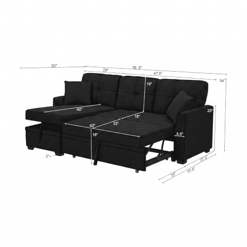 L Shape Queen 3-Seat Pull Out Sleeper Sofa Bed with Storage, Black | Convertible Sofa Bed, L Shape Sleeper Sofa wit, Reversible Storage Chaise, Tufted Fabric,Sectional Sleeper Sofa - color: C-charcoal Black-03c