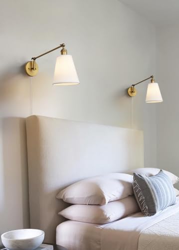 Retro Swing Arm Wall Sconce Plug in Wall Lamp Single Sconce Light Fixture with White Fabric Shade for Bedroom Living Room Home Office - color: Antique Gold