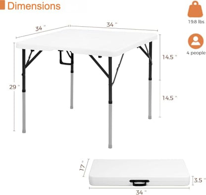 34" Square Folding Table Fold-in-Half Utility Dining Portable Table Heavy Duty HDPE with Carrying Handle, Plastic Tables for Camping,Picnic, Office, Party,Card Table (White) - color: 34"- White(square)