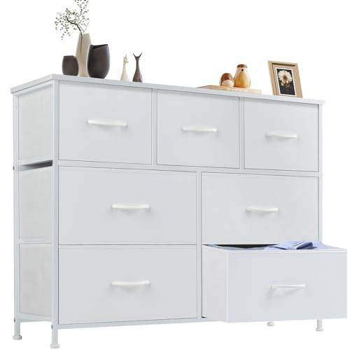 Sweetcrispy 7 Drawer Dresser Storage Organizer with Fabric Bins, White | Sturdy Steel Frame and Wood Top, Easy Pull Handles, for Bedroom Closet Hallway Entryway - color: White, size: 39.4"D x 11.8"W x 30.6"H (7 Drawers)