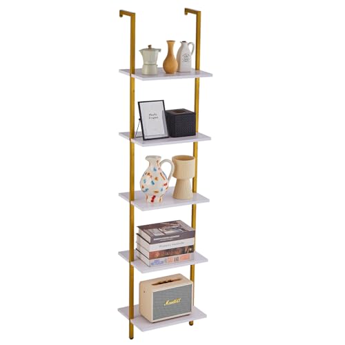 VEVOR Ladder Shelf, 5-Tier Bookshelf 15.6x11.8in, Open Wall-Mounted Ladder Shelf with Metal Frame,Storage Rack Sundries Holder for Kitchen Bedroom Bathroom Living Room, Gold White - color: Gold, size: 5 Tier 15.6x11.8in