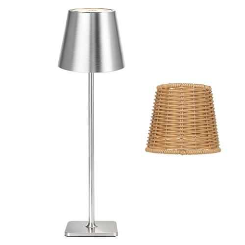 Mr. White Outdoor Waterproof Cordless Wireless Rechargeable Portable Top Touch Battery Operated Powered LED Table Lamp Desk Lamp Lights for Restaurant Kitchen Patio Dinner Dining (Nickel) - color: Nickel Stripe+Wicker Lampshade