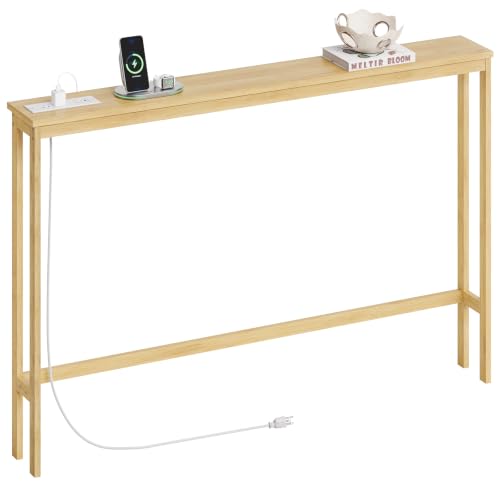 ELYKEN Bamboo Narrow Console Table, 5.9'' Slim Sofa Table Behind Couch | Slim Skinny Hallway Table with Charging Station for Entryway, Living Room, Foyer, Entrance, 5.9 x 47.2 x 31.5in, Natural - color: Natural, size: 5.9"D x 47.2"W x 31.5"H
