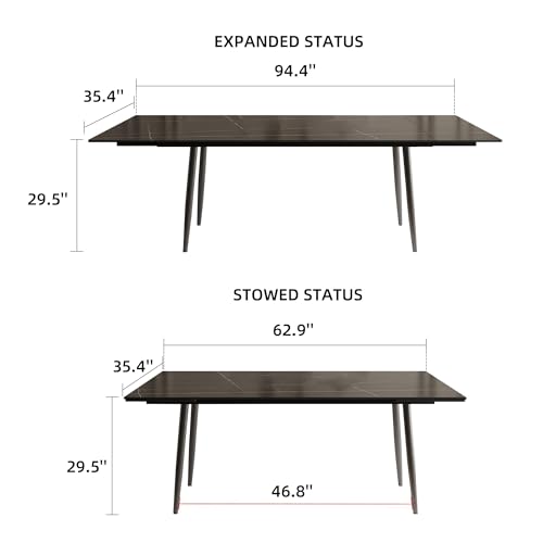 62.9"–94.4" Extendable Dining Table with Heat-Resistant Tabletop | Black Kitchen Table for 6–10, with Scratch-Resistant Sintered Stone & Stainless Steel Legs, Modern Splace Saving Furniture - color: Black 62.9” of 94.4”