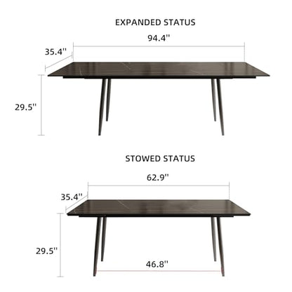 62.9"–94.4" Extendable Dining Table with Heat-Resistant Tabletop | Black Kitchen Table for 6–10, with Scratch-Resistant Sintered Stone & Stainless Steel Legs, Modern Splace Saving Furniture - color: Black 62.9” of 94.4”