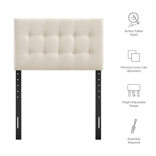 Modway Emily Twin Size Fabric Headboard in Ecru - Linen-Like Upholstery with Button Tufting and 7 Adjustable Height Positions - color: Ecru, size: Twin