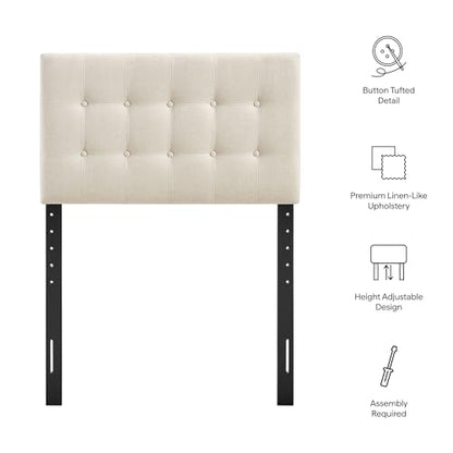Modway Emily Twin Size Fabric Headboard in Ecru - Linen-Like Upholstery with Button Tufting and 7 Adjustable Height Positions - color: Ecru, size: Twin