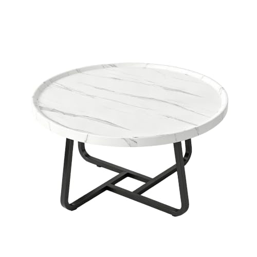 Garvee 19.7 in Round Coffee Table with Wood Surface Top & Sturdy Metal Leg | Small White Center Table, Easy-Clean & Waterproof, Raised Edge Side Table Compact for Apartment, Living Room, Balconies - color: White