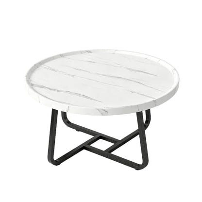 Garvee 19.7 in Round Coffee Table with Wood Surface Top & Sturdy Metal Leg | Small White Center Table, Easy-Clean & Waterproof, Raised Edge Side Table Compact for Apartment, Living Room, Balconies - color: White