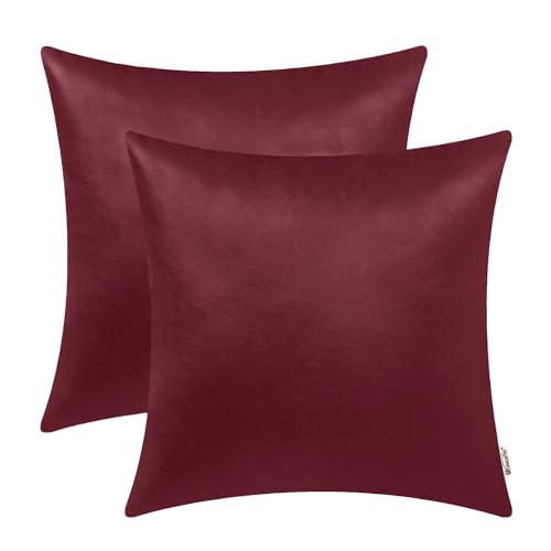 BRAWARM Faux Leather Throw Pillow Covers 16 X 16 Inches - Burgundy Leather Pilow Covers Pack of 2, Solid Dyed Leather Pillowcases for Couch Bed Sofa Garden Home Decorative - color: Burgundy, size: 16" x 16" (Pack of 2)