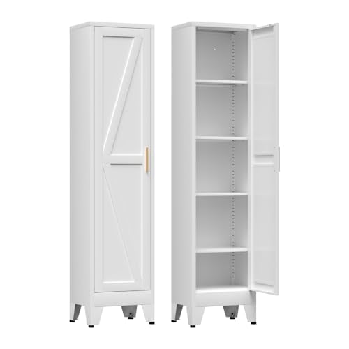 COFaR 67'' Tall Narrow Bathroom Storage Cabinet, Metal Farmhouse Skinny Pantry Cabinet with 4 Adjustable Shelves and One Door, Slim Cabinet Storage for Kitchen Laundry Garage, 5-Tier White - color: White, size: 67 Tall Single Door-Farmhouse