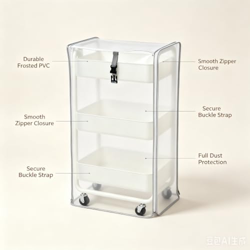 Utility Cart Cover Heavy Duty Dustproof Fits 17x13x31in Supply Cart | Frosted semi-transparent PVC cover keeps cart contents visible yet neat, moisture, and daily home clutter buildup - color: Frosted