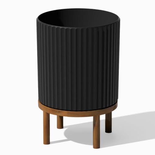 Veradek Demi Series Round Planter w/ Stand for Porch/Patio | Durable Plastic-Concrete & Wooden Stand | Modern Décor for Tall Plants, Flowers - color: Black/Brown, size: 16 inch
