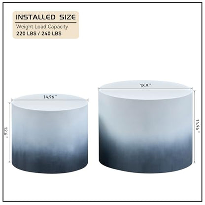 18.9" Gradient Color Nesting Coffee Table Set of 2 for Living Room, Modern Round Coffee Tables Accent Circle Tea Table Set for Small Space, No Assembling, White + Blue - color: 18.9" White + Blue