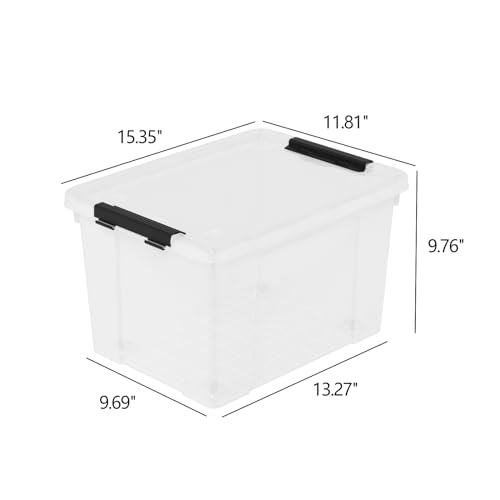 Set of 4 Storage Bins with Wheels, 23 L Clear Latch Boxes with Lids | Clear thick plastic, black side latch lid, built-in bottom rolling wheels, fit closet, bedroom and garage organization - size: 23 L