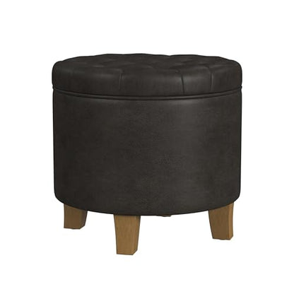 HomePop 19" Faux Leather Button Tufted Round Storage Ottoman - Black - color: Black Faux Leather