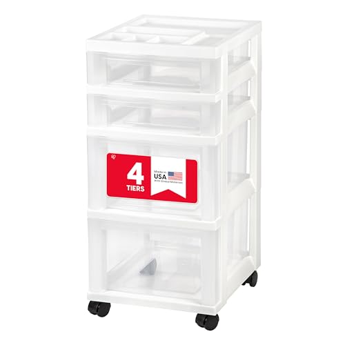 IRIS USA 4-Drawer Rolling Storage Cart, White/Clear | Keep classroom supplies, teacher essentials, craft materials, and learning tools organized with easy-access drawers. - size: Standard